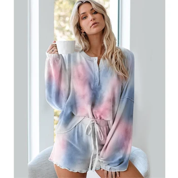 

Tie-dye Pajamas Female Summer 2020 Casual Comfortable Breathable Long-Sleeve Wood Ear Side Tracksuit Suit Ladies Two-piece