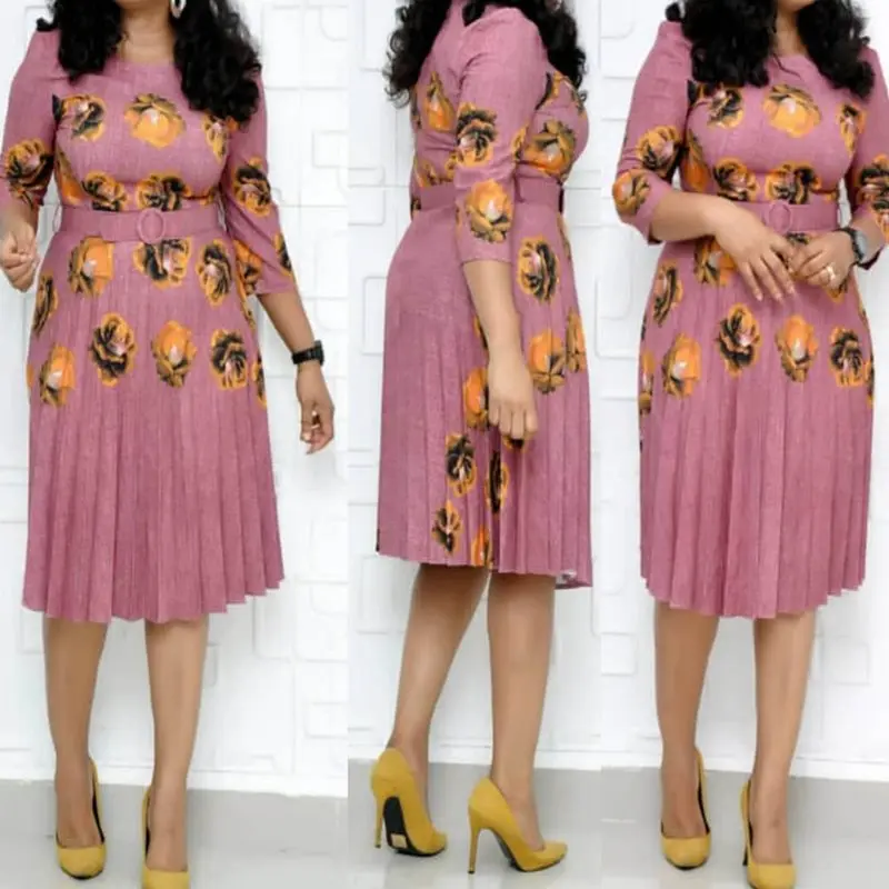 

Large Size Floral Printed Belt Midi Dress Office Lady Standard-Waist Casual Pleated Dress Vintage Elegant Retro Chic OL Vestido