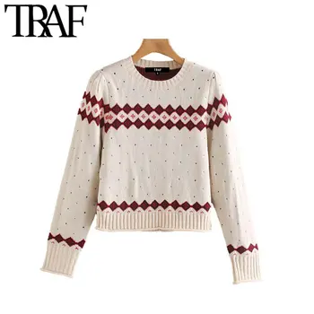 

TRAF Women Vintage Stylish Short Style Geometric Pattern Knitted Sweater Fashion O Neck Long Sleeve Female Pullovers Chic Tops