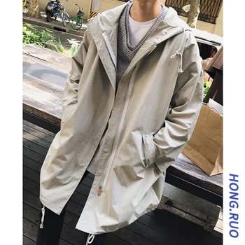 

Spring New Model Hong Kong Style Men's Mid-Length Trench Coat Fashion Korean-Style Loose Hooded Thin Handsome Men