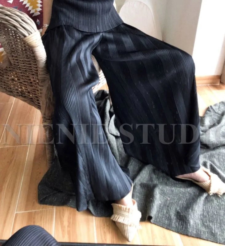 Лидер продаж Miyake мода весна и лето средняя талия сплошной длинные широкие брюки в наличии