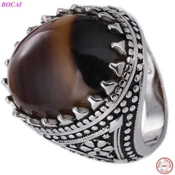 

BOCAI s925 sterling silve rings vintage male natural agate fashion man's Thai silver ring 2020 new popular personality rings