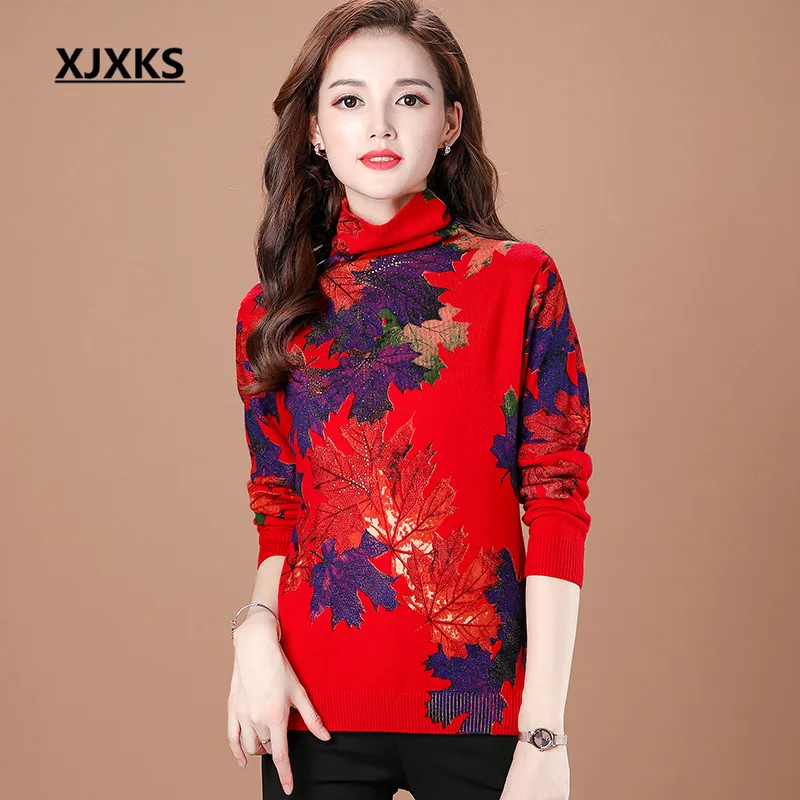 XJXKS Women Turtleneck Sweater Autumn Winter New Fashion Print Plus Size Comfort Wool Knit Sweater Women Pullover