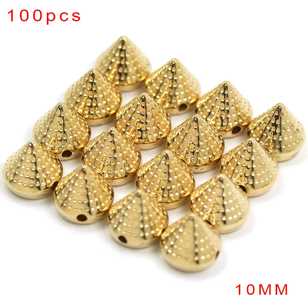 Point Cone Gold 100PcsPlastic шипы 6/8/10/12 мм браслетов, ожерелий, диаметр-цвет серебристый, золотой с заклепками; Цвет Черный; сезон Конус Пирамида Швейные Шипы аксессуары в стиле панк Костюмы с заклепками - Цвет: Point Cone Gold
