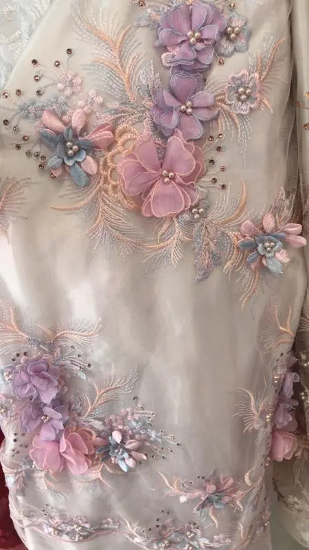 

Unique New 3d flower beaded fabric African lace fabric High Quality Tulle French Lace Fabric With Stones And Beads IG378