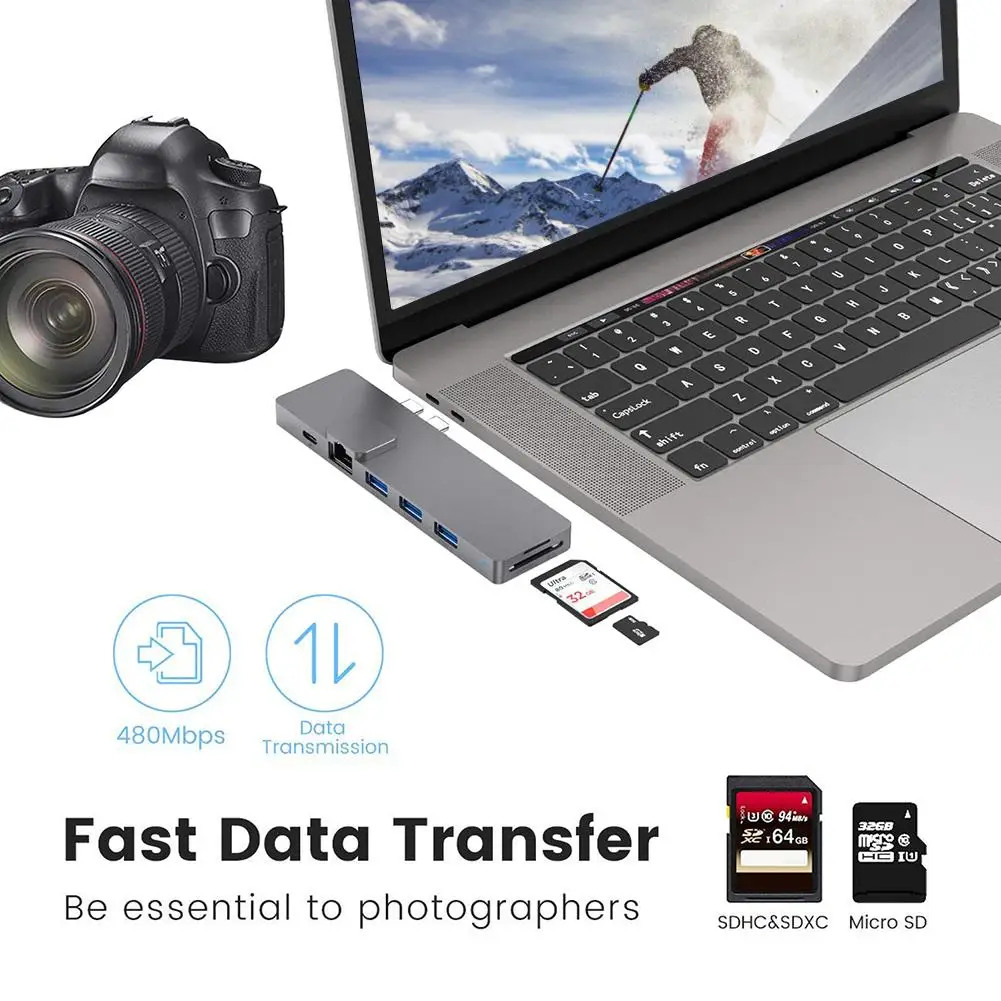 USB C концентратор адаптер док-станция с гигабитным Ethernet 4K двойной тип-c концентратор Thunderbolt 3 порта USB 3,0 SD Micro Card Reader