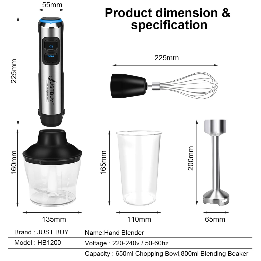 5 in 1 Handheld Immersion Blender, Anti-Splash Stick Blender with A Milk Frother, Egg Whisk, Food Grinder, and Blending Container, Hand Held Blender