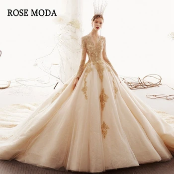 شراءRose Moda فستان زفاف ملكي فاخر بأكمام طويلة 2020 دانتيل ذهبي فساتين زفاف مع قطار طويل مخصص