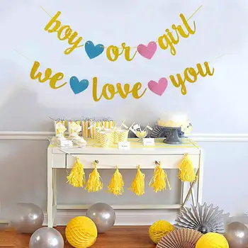 

Glitter Gold Paper Boy or Girl Pull Flag Gender Revealing Party Pull Flower Baby Shower Party Decoration