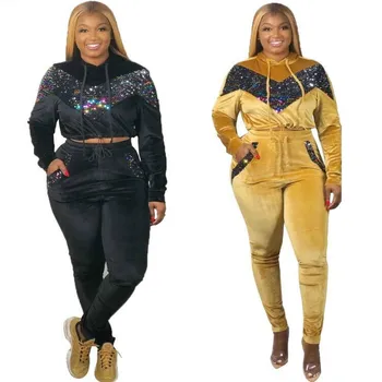 

Spring Women Set Hooded Full Sleeve Top Pants Suits Sequined Spliced Solid Two Piece Set Velvet Fitness Tracksuit Women Outfits