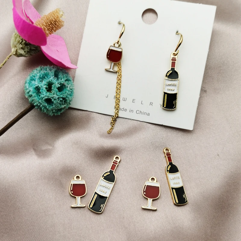 

10pcs Red Wine Bottle Glass Goblet Enamel Charms Pendant Earring DIY Fashion Zinc Alloy Charms for Jewelry Making Accessory