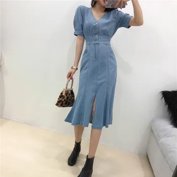 

New Summer Korean Style Women V-neck Puff Sleeve Slim Denim Dress Office Lady Elegant High Waist Trumpet Slit Mermaid Dresses