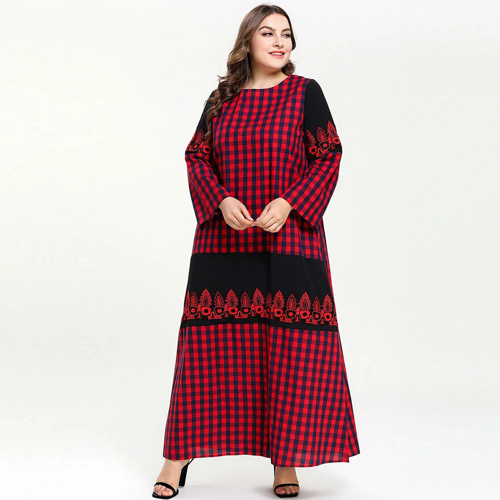 

Loose Overiszed Muslim Dress Women Autumn Long Sleeve Red Plaid Contrast Color Lace Patchwork Maxi Long Dress Tunic Dresses