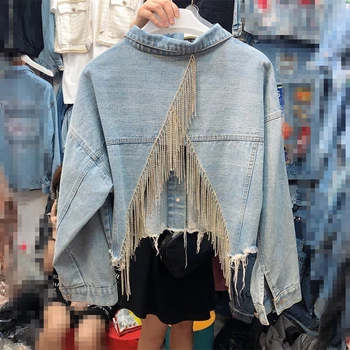 

2020 Autumn New Casual Fashion Temperament Women Coat Loose Plus Inlaid Rhinestone Tassel Back Split Denim Jacket TC753