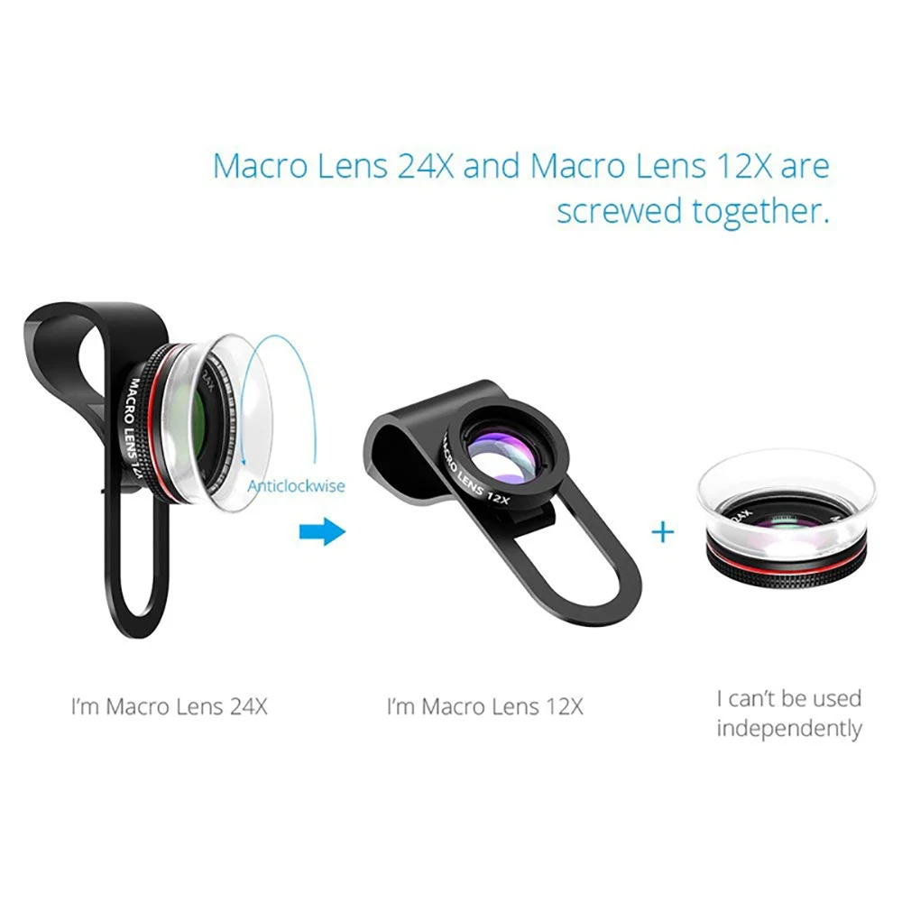 Mpow PA065 Phone Lens 3 in 1 Clip On Phone Camera Lenses Kit 24X Super Macro Lens 180 Degree Fisheye Lens For Iphone 8 7 6 Plus (1)