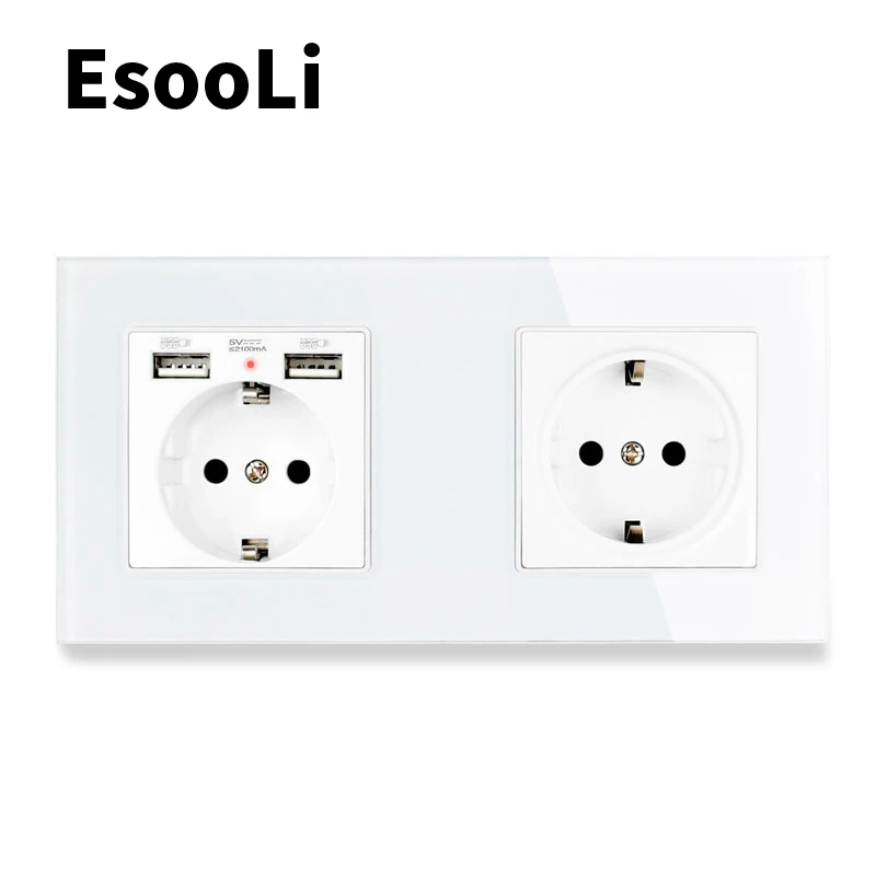 Esooli белый 2 Gang настенная розетка стандарта ЕС Роскошная панель из хрустального