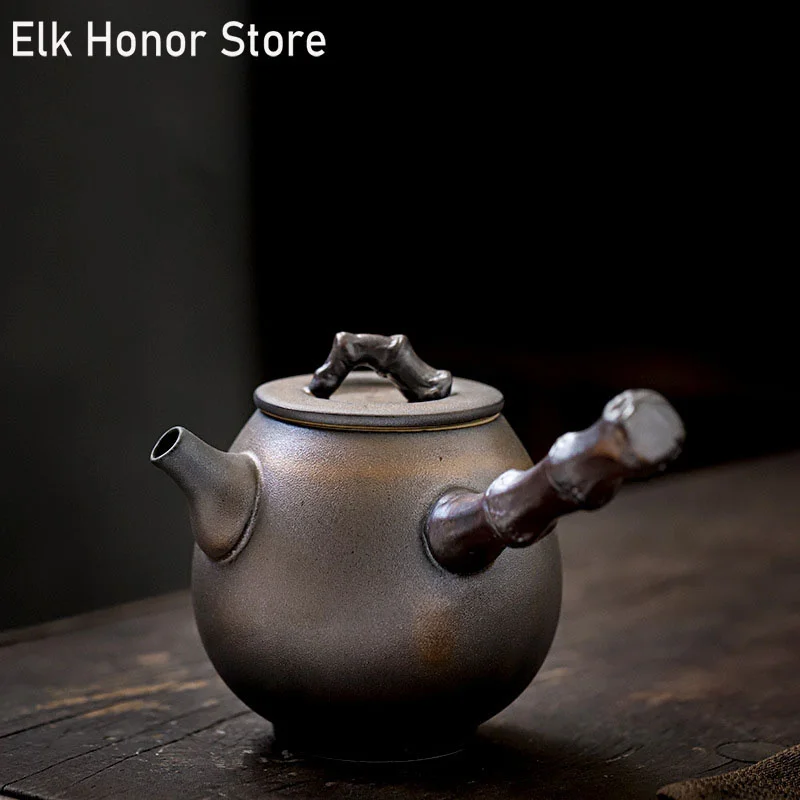 

260ml Vintage Coarse Ceramic Side Handled Teapot Handmade Gilding Rust Glazed Household Teakettle Kung Fu Tea Personal Pots Gift