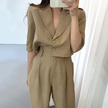 

two piece women 2020 summer vintage korean black two button short top suit coat + high waist loose wide leg casual pants sets