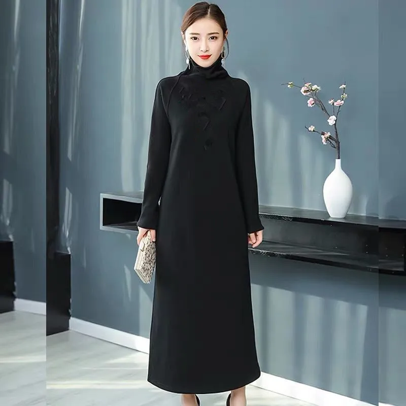 Plus Size 5XL 6XL 7XL Women Winter Fleece and Thickened turtleneck Dress Long Sleeve Maxi Velvet Dresses Elegant Party dress - Цвет: Черный