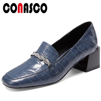 

CONASCO Woman Pumps Cow Patent Leather Mature Elegant Casual Office 2020 Spring Summer Rhinestone Chain Thick Heels Shoes Woman