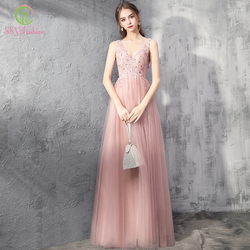 Женское вечернее платье до пола SSYFashion розовое с V-образным вырезом блестками и