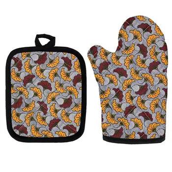 

Set of 2 African Ethnic Tribal Flowers Kitchen Cooking Microwave Oven Gloves Mitts Pot Pad Heat Proof Protected Home Baking Pads