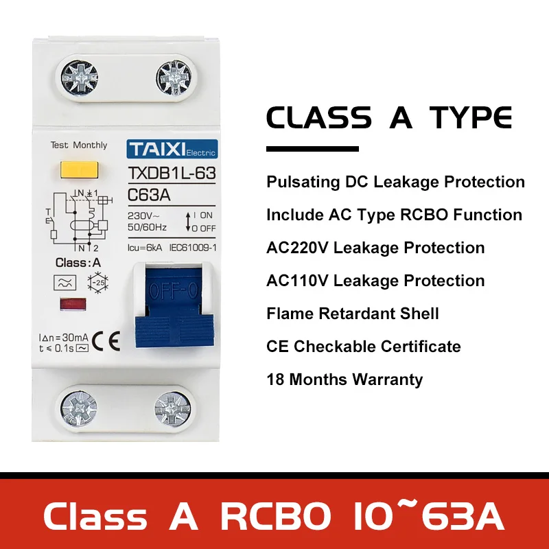 Circuit Breaker Type A AC CLASS Rcbo 110V 220V RCCB 10A 20A 40A 50A 63A 30mA Residual Current With Overload Protection