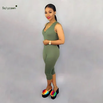 

Women V Neck Sleeveless Solid Bodycon Playsuits Streetwear Fashion Red Yellow Black Green Short Jumpsuits Sexy Zipper Rompers