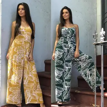 

Ladies Floral Print Wide Leg Jumpsuits Women Sleeveless Off Shoulder Boho Cotton Loose Romper Summer Yellow Blue Long Leg 0222