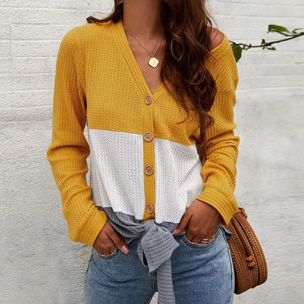 VIEUNSTA Women Blouses Autumn Long Sleeve Patchwork Knit Shirt Ladies V-neck Button Lace-up Elegant Tops Streetwear Blusas - Цвет: Yellow