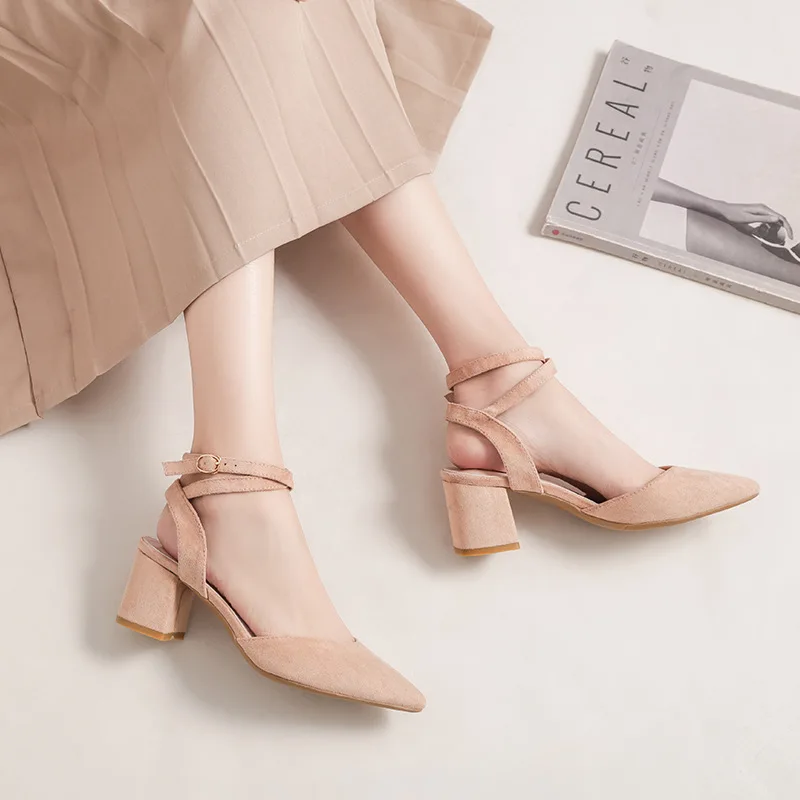 

2019 Autumn Cool Shoes Women High Heels Closed-toe Pointed Shallow Mouth Ankle Ring Bandage Cloth Gladiator Sandals Suede Single