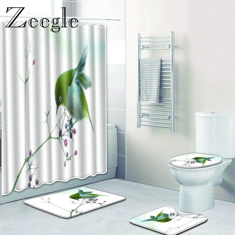 Zeegle Chinese Style Bath Mat Set Print Pattern Shower Curtain with Hooks Pedestal Rug Lid Toilet Cover Waterproof Bath Curtain