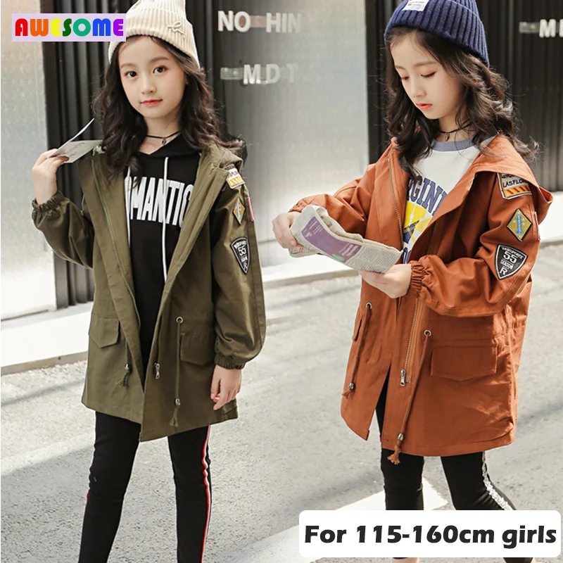 

Teenager Tan Trench Coat 2020 Spring Army Green Long Windbreaker for Big Girls Drawstring Windproof Jackets Outerwear 3-14 years