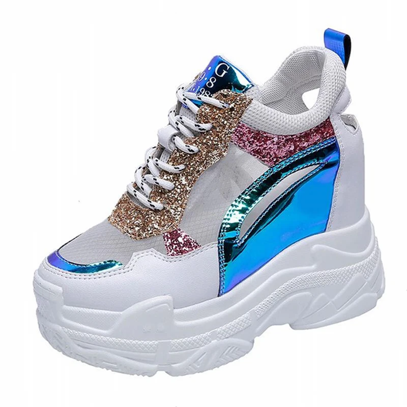 

2019 new women running shoes platform Spring Wedge Boots PU Leather mesh Colorful Bling Ankle Boots High Heel wallking tennis