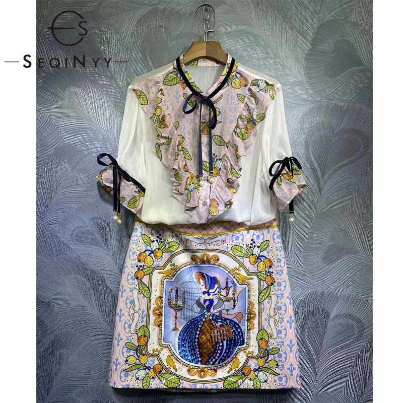 

SEQINYY Vintage Set 2020 Summer Spring New Fashion Design Women Short Sleeve Chiffon Top + Crystal Print Mini Skirt Runway Suit