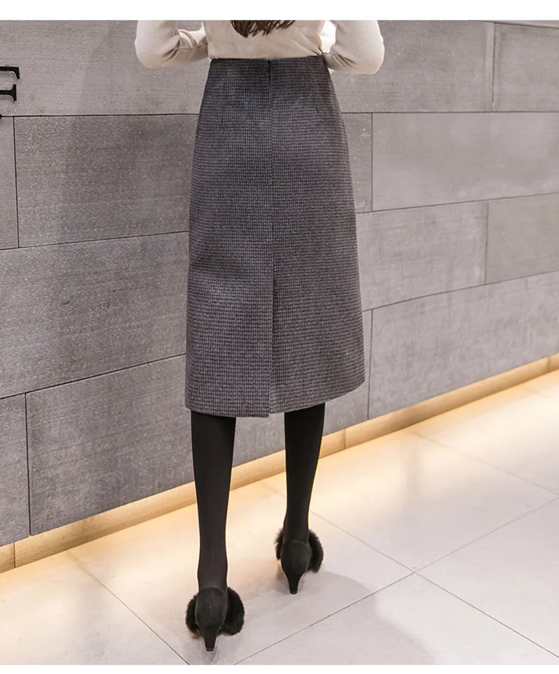 Women's Woolen Fabric Plaid Split Skirt Autumn Winter Female A-line Skirt Vintage High Waist New Knee-length Step Skirts ML268