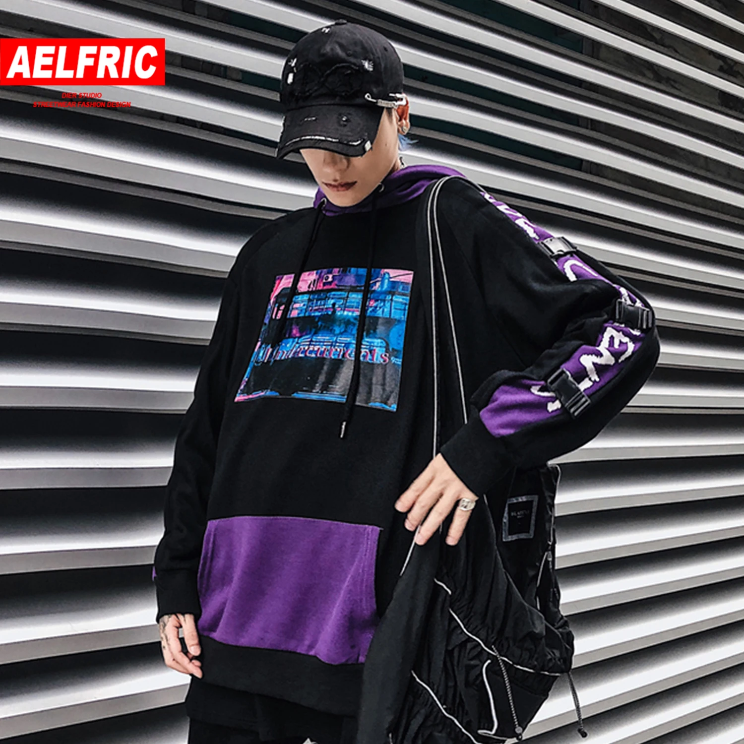 

AELFRIC Patchwork Letter Print Hoodies Mens 2019 Harajuku Casual Pullover Fashion Hip Hop Hooded Sweatshirts Streetwear Outwear