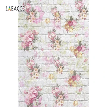 

Laeacco White Brick Wall Photophone Printed Flowers Photo Backgrounds Vintage Portrait Photophone Baby Newborn Photozone Props