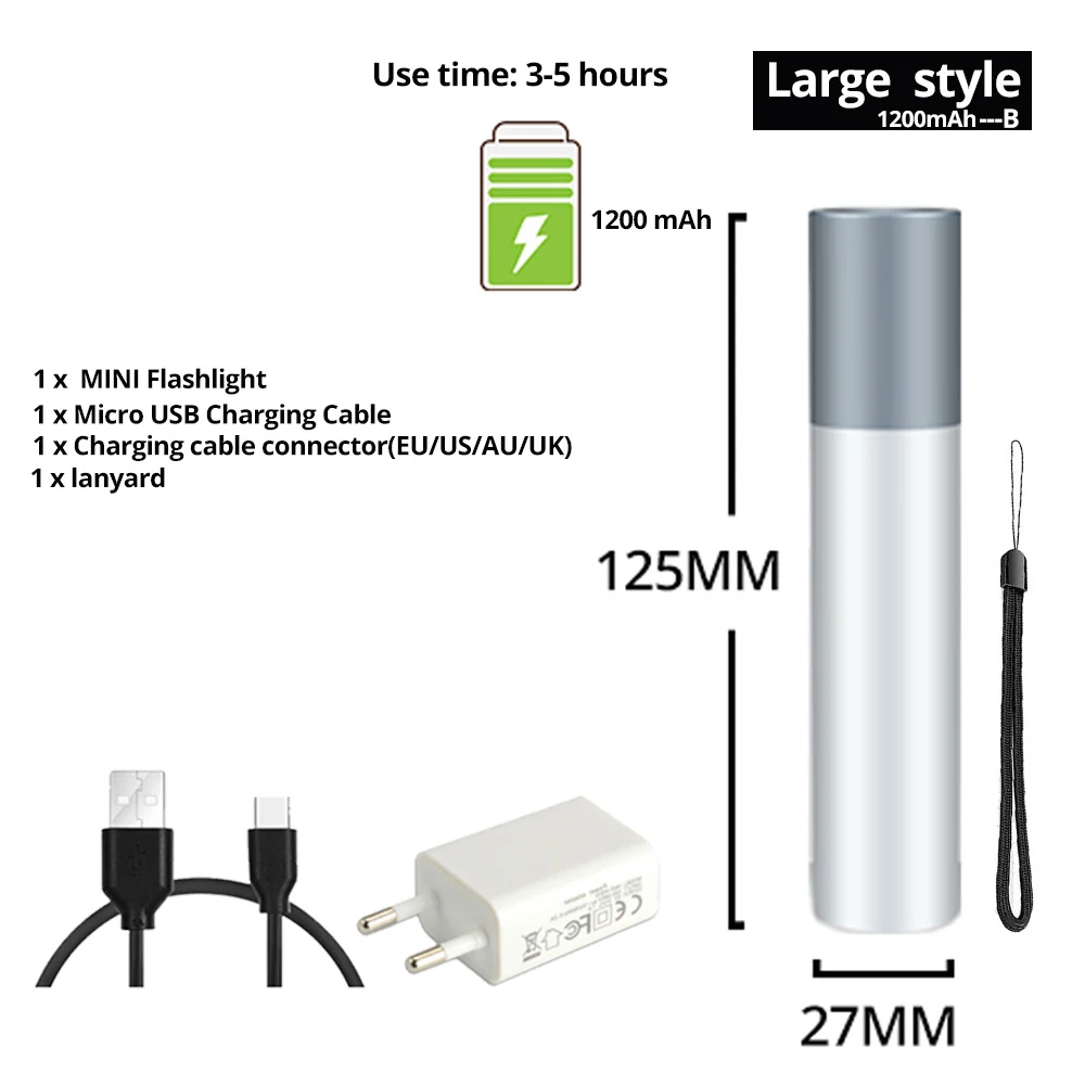 USB Перезаряжаемый простой Креативный светодиодный фонарик из алюминиевого сплава с 3 режимами освещения фонарь 200 метров дальность освещения - Испускаемый цвет: Big style-1200mAh-B