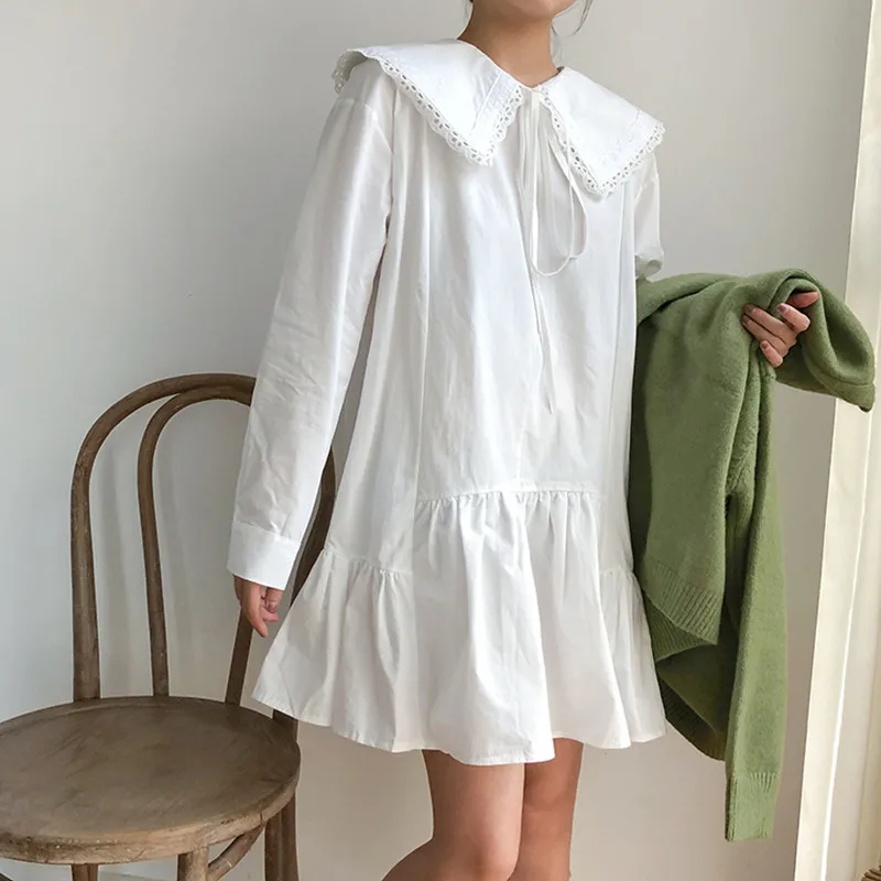 

womens autumn long sleeve dress 2019 korean style solid color turn down collar white loose mini dress womens (F3791)