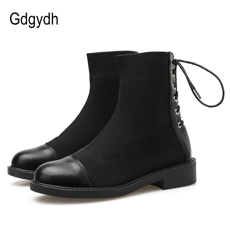 Gdgydh черные сапоги-носки без шнуровки обувь из эластичной ткани женские носки на шнуровке Новинка года; сезон весна; удобная дешевая обувь на низком каблуке