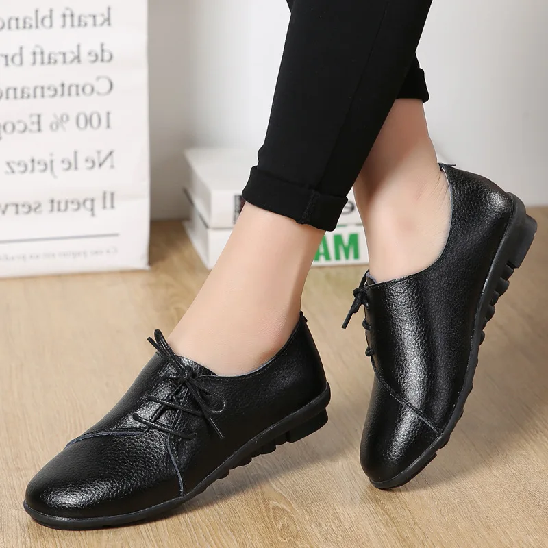 Кожаные женские кроссовки на плоской подошве; однотонные удобные кроссовки; женская обувь; коллекция года; повседневная обувь на шнуровке; женские лоферы; женские кроссовки - Цвет: Black2