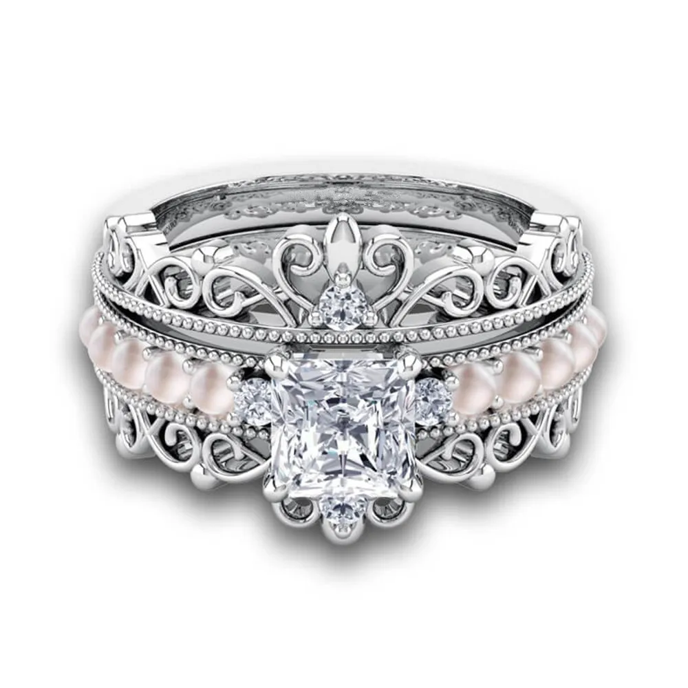 Мода 925 стерлингового серебра квадратное Хрустальное дизайнерское кольцо для женщин 2 шт./компл. 2 в 1 обручальное свадебное роскошные кольца ювелирные изделия