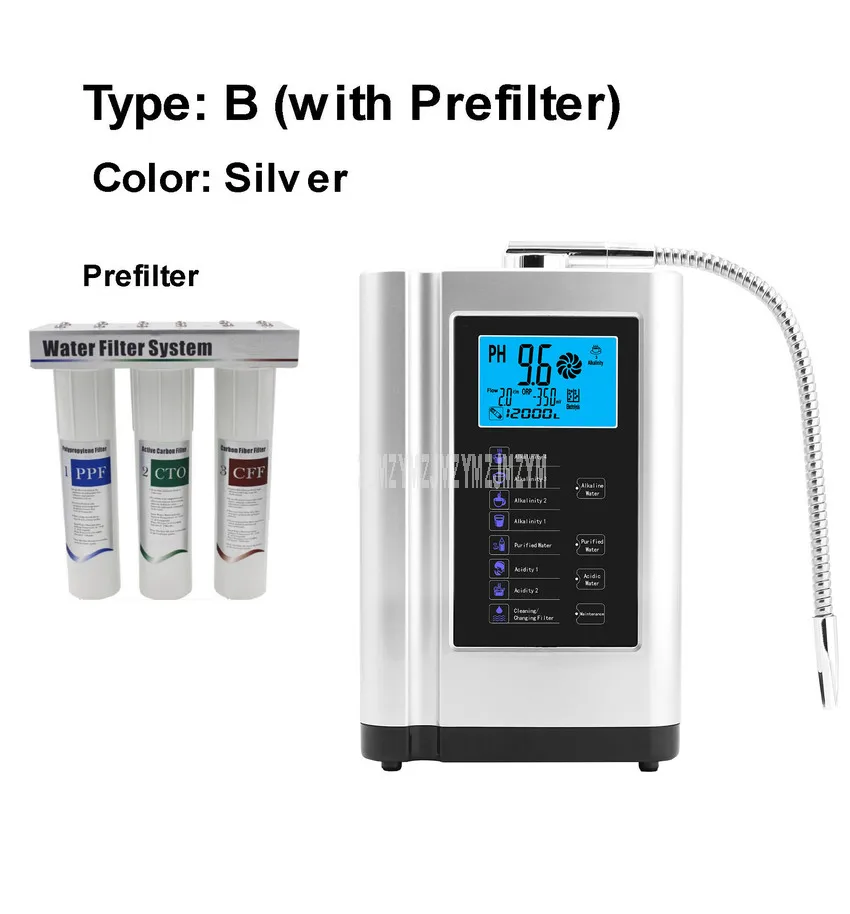 Type B Silver Ионизатор щелочной воды, машина, очиститель pH 3,5-10,5 щелочной кислоты до 500мВ, сенсорный ЖК-экран, фильтр для воды, ионизация - Цвет: Type B Silver
