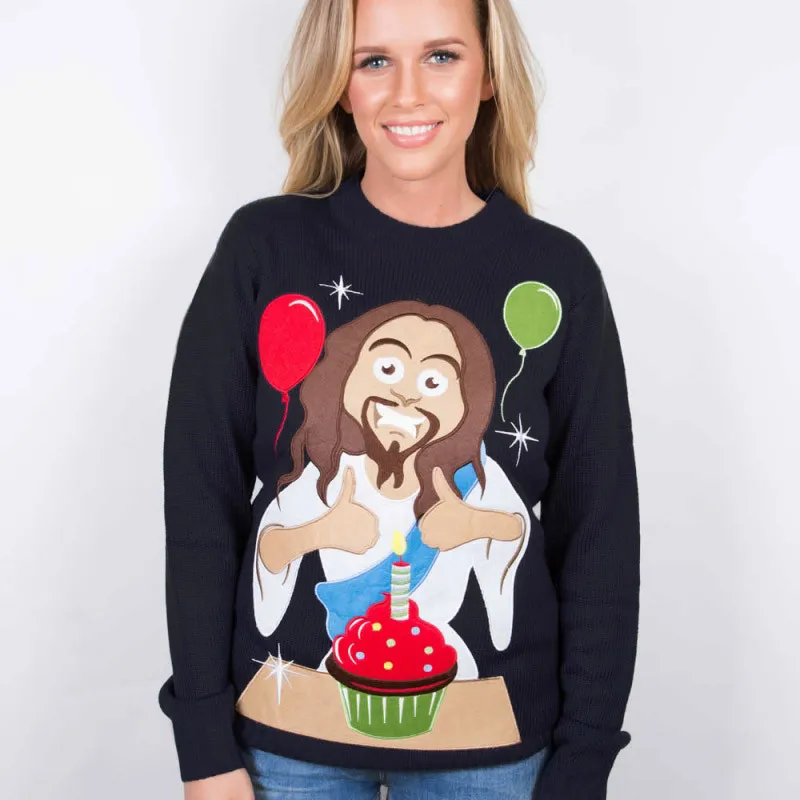 Funny Jesus Cartoon Print O-Neck Couple Pullover Winter Streetwear Elegant Black Long Sleeve Sweatshirts - Color: Black