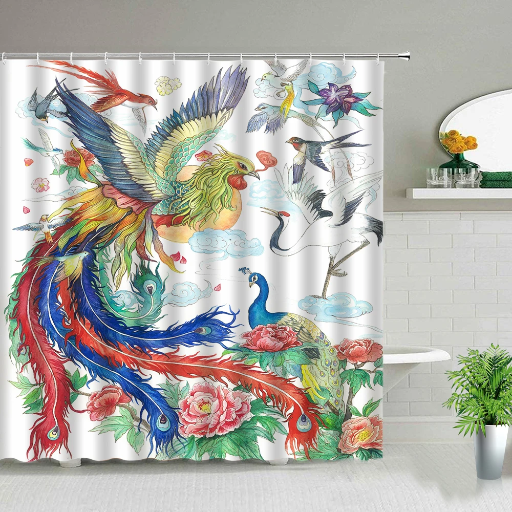 Chinese Style Flower Bird Scenery Shower Curtain Floral Peacocks
