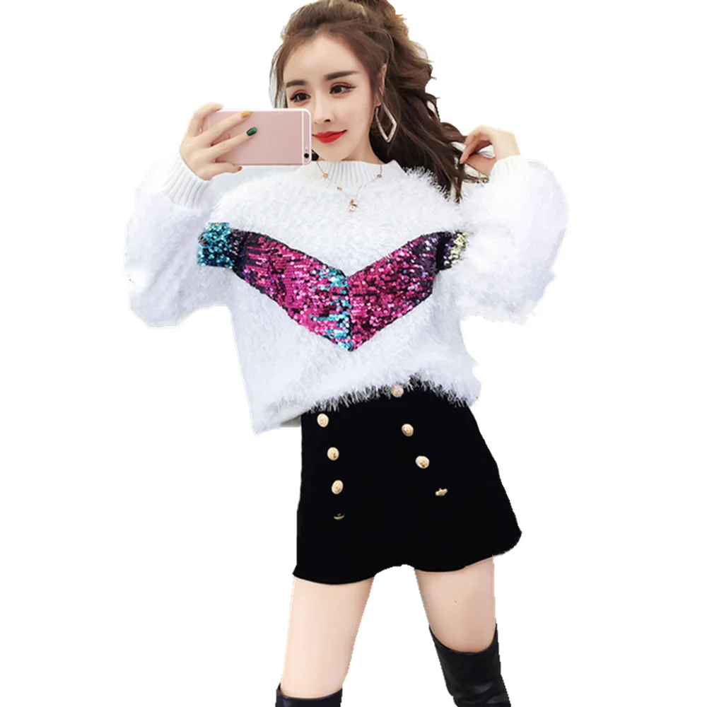 

Women Sweater Shorts Set Autumn Winter Hit Color Striped Knitted Loose Pullovers + Tweed High Waist Trousers Set