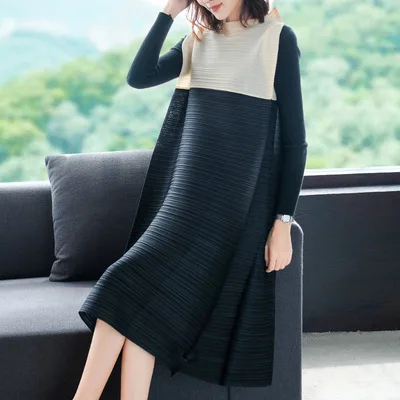 HOT SELLING Miyake Fashion fold sleeveless patchwork stand neck dress IN STOCK - Цвет: Черный