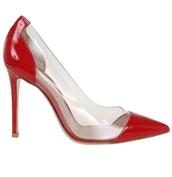 

Moraima snc Sexy Transparent PVC Patchwork High Heels Pointed Toe Woman Stiletto Shoes Slip on Thin Heels Dress Shoe