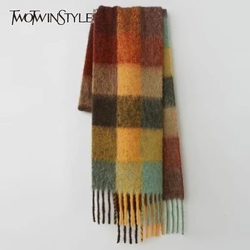 

TWOTWINSTYLE Casual Plaid Hit Color Wool Scarf For Female Patchwork Tassel Autumn Winter Scarves Women 2020 Fashion Clothing New